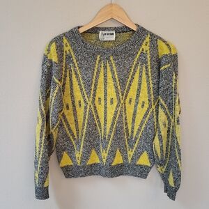VTG 80s Pullover Crew Sweater Fits S/M Gray Yellow Abstract Diamond Hi-Octane